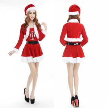 

Cosplay Christmas Dress Women Christmas Costume For Adult Red Velvet Fur Dresses Hooded Sexy Female Santa Claus Costume