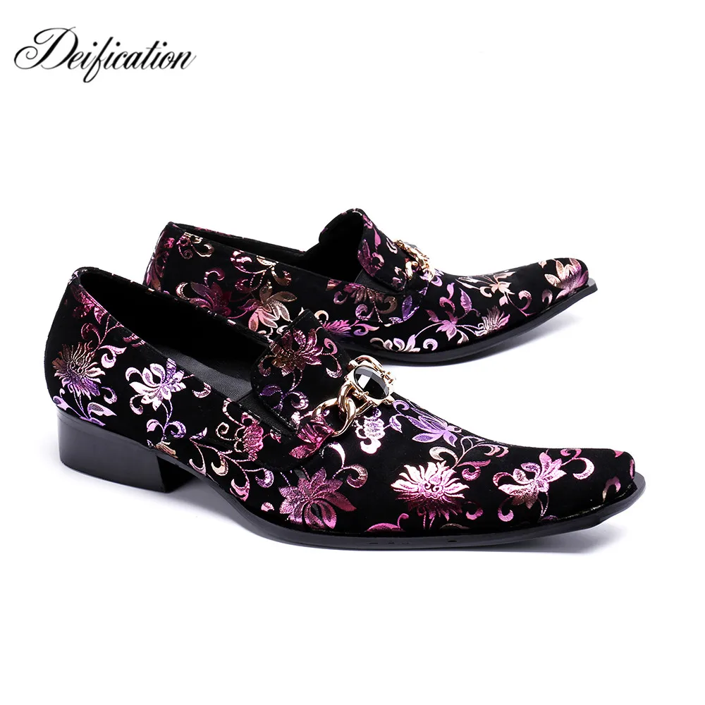 

Italian Leather Mens Dress Shoes Color Printed Metal Pointy Toe Chaussure Homme Luxury Male Formal Party Flats Shoes Big Size 47