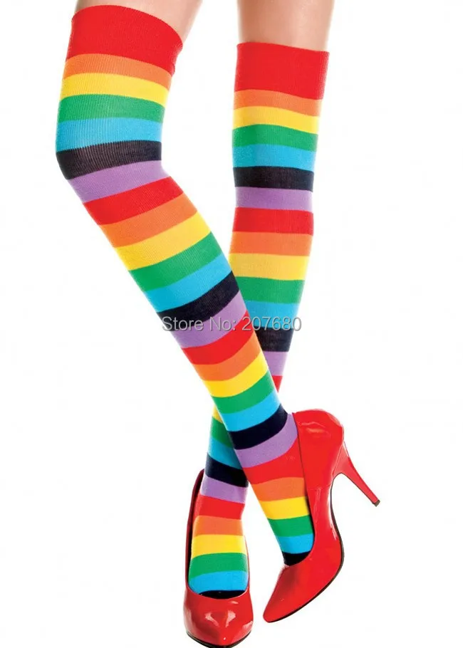 Buy 2 pairs Fashion rainbow colour stripe Thigh High