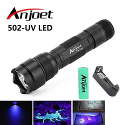 Anjoet мини Портативный 502B Фонарик uv-395nm LED Алюминий фиолетовый Портативный фиолетовый свет лампы Torch Light + 18650 + зарядное устройство