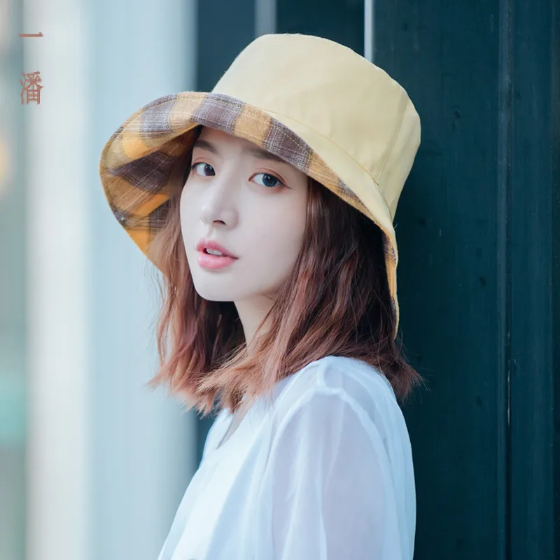 

Korean version of double-sided Plaid fisherman's hat for women's summer outings dual-purpose eaves basin hat sunshade sunshine h