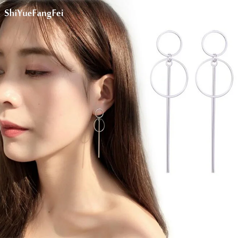 Size of Circle Long Earrings Korean Style Female Simple Geometric silver colour for Women Fashion Pretty Jewelry | Украшения и