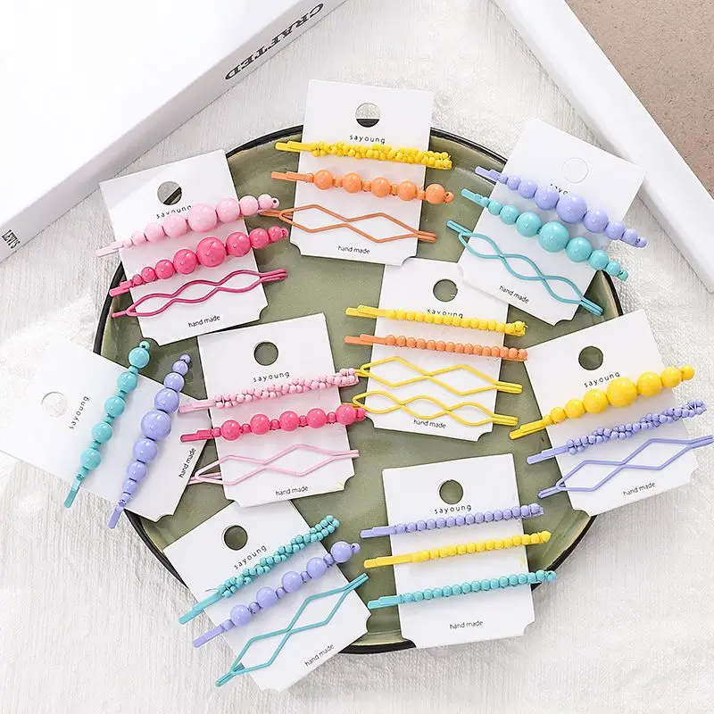 

2/3/4PC Korea Resin Candy Color Geometric Irregular Hair Clips For Women Handmade Braided Plastic Beads Hair Clip Accessories
