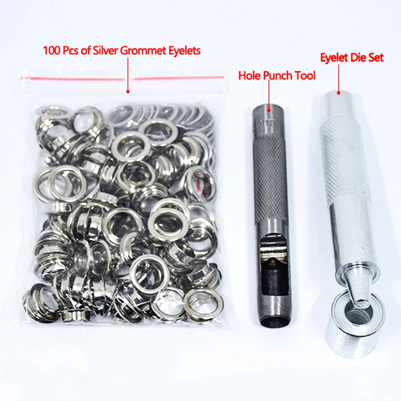 (100 Pcs Silver Eyelets + 1 Tool Set) Silver Grommet Eyelets and Eyelet