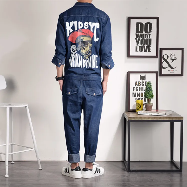 M-XXL! осень и зима мужской джинсовый костюм популярный принт мужской хип-хоп боди с длинным рукавом рабочие цельные брюки