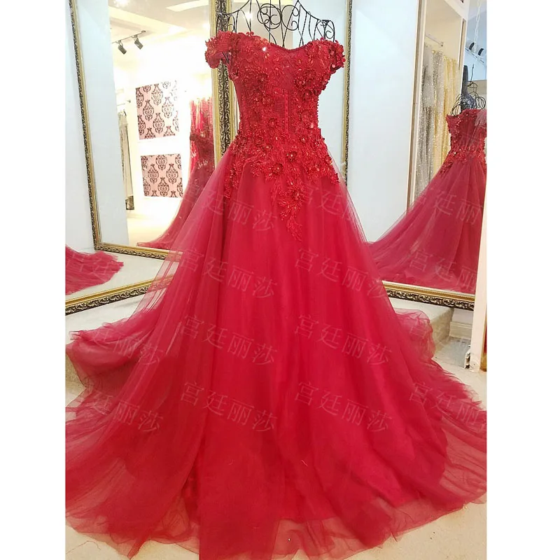 Wholesale Long Crystal Royal Red Evening Dress Beads Crystals Sequins Tulle Prom Dress Party Gown For Women vestido de festa Real Photo Buy Cheap Long Crystal Royal Red Evening Dress Beads Crystals Sequins Tulle Prom Dress Party Gown For Women vestido de festa Real Photo