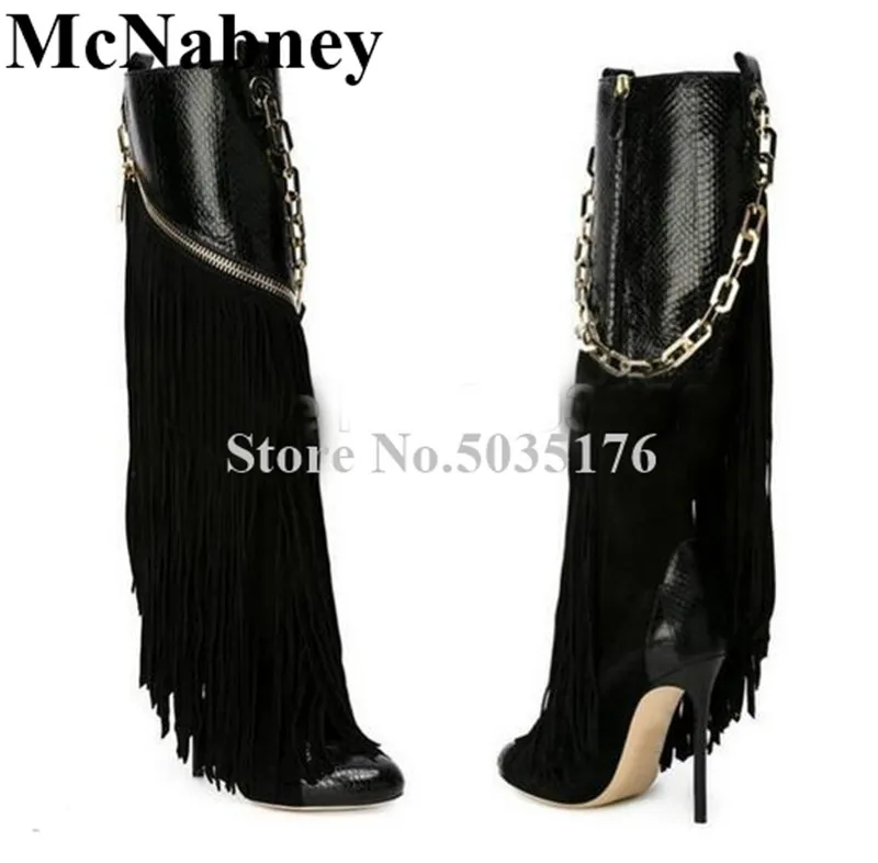 

2019 European Women Fringe Metal Chain Round Toe High Stiletto Heels Mid-Calf Western Boots Zip Black Long Boots Women Shoes