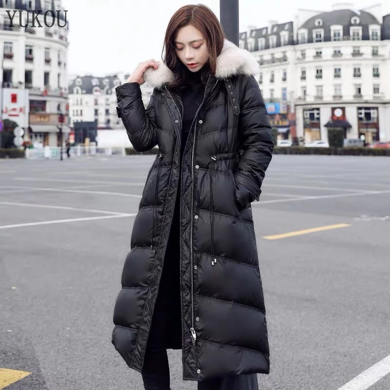 

Hot Sellers Women Duck Down Coats Long Female White Duck Down Jacket Fox Fur Collar Down Jacket Hooded Cap Windproof Warm
