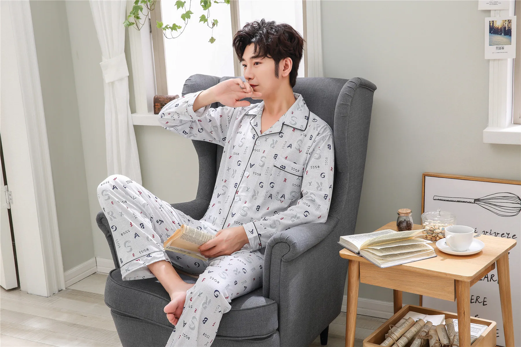 Yuzhenli Высокое качество пижамы для мужчин с длинным рукавом хлопок осень мужская одежда повседневное хлопок домашний костюм комплект зим