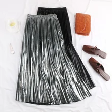 Модные миди плиссированная юбка Для женщин Металлик серебряная юбка Высокая талия длинная юбка металлик вечерние клуб дамы одежда 1122-40