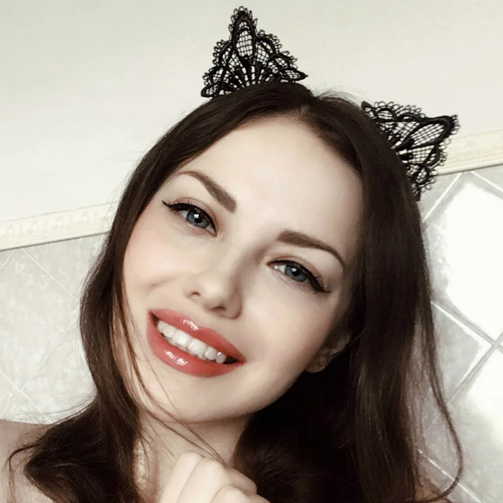 

2019 1PC Female Women Lady Girls Sexy Cat Ears Black Lace Hairbands Headbands Headwear Hair Hoop Party Hair Accessories Good