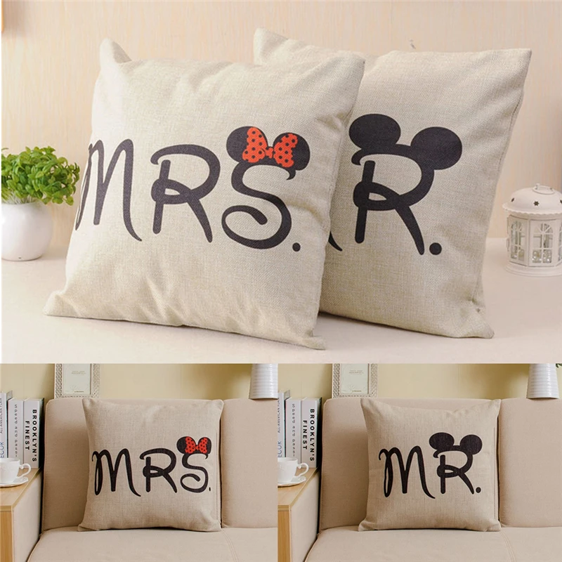 

Cushion Cover Cotton Linen Pillow Case Sofa Waist Throw Couch Car Ded Home Decor Mr & Mrs Mickey Mouse Pillowcase Chair Covers