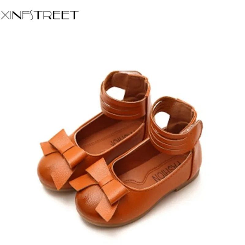 Xinfstreet Kids Shoes For Girls Cute Bowtie Soft Leather Solid Children