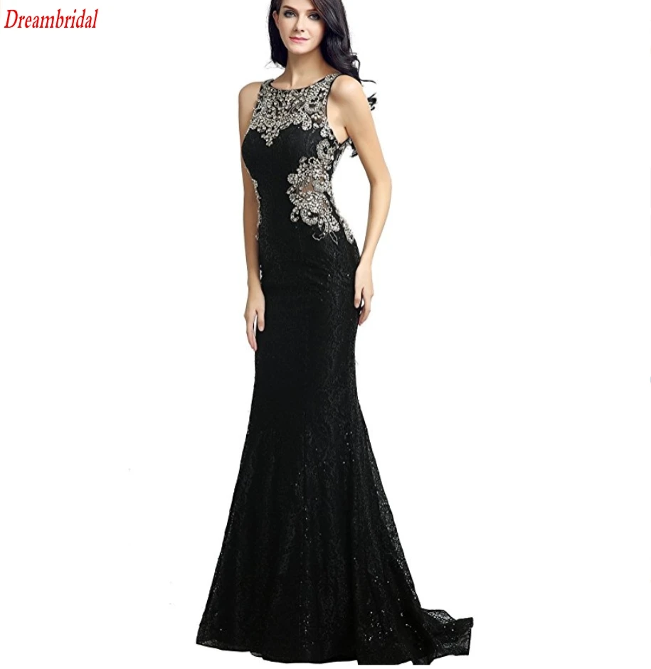 Dreambridal Sexy Mermaid black Pearls Prom Dresses 2017 Sheer Neck robe