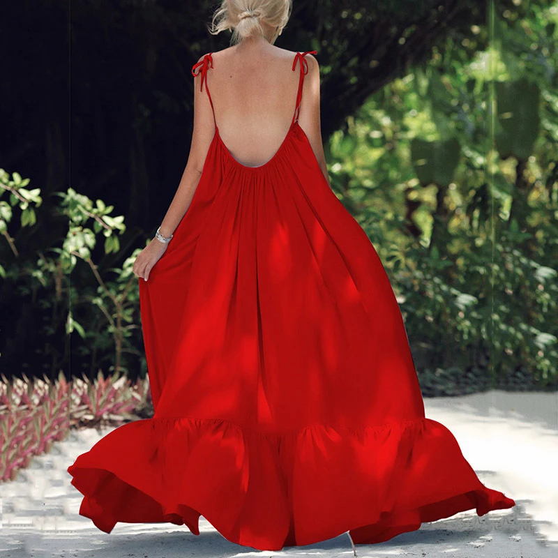 

Women Sexy Backless Beach Summer Spaghetti Strap Dresses Vintage Maxi Dress Vestidos Boho Style Long Dress WS9605U
