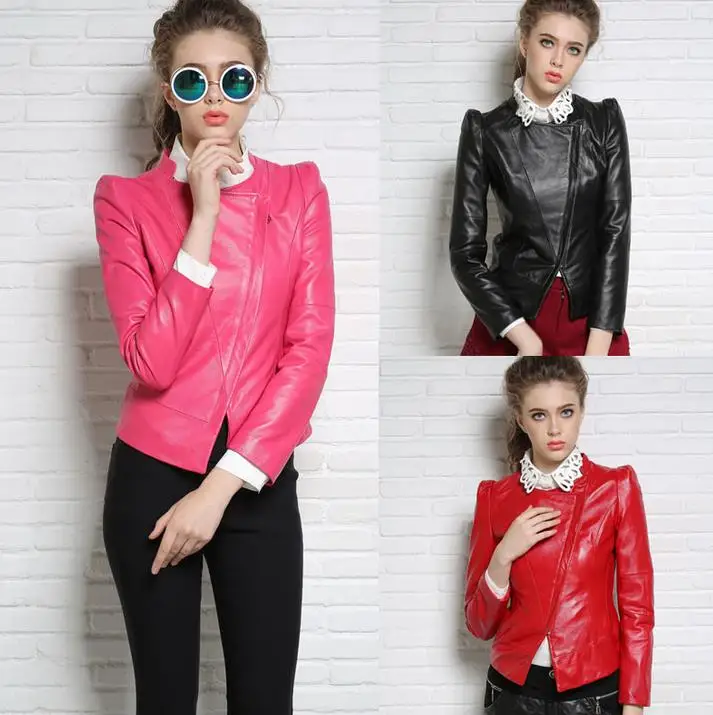 Autumn black red pink street fashion motorcycle genuine leather jacket womens sheepskin coats high quality short