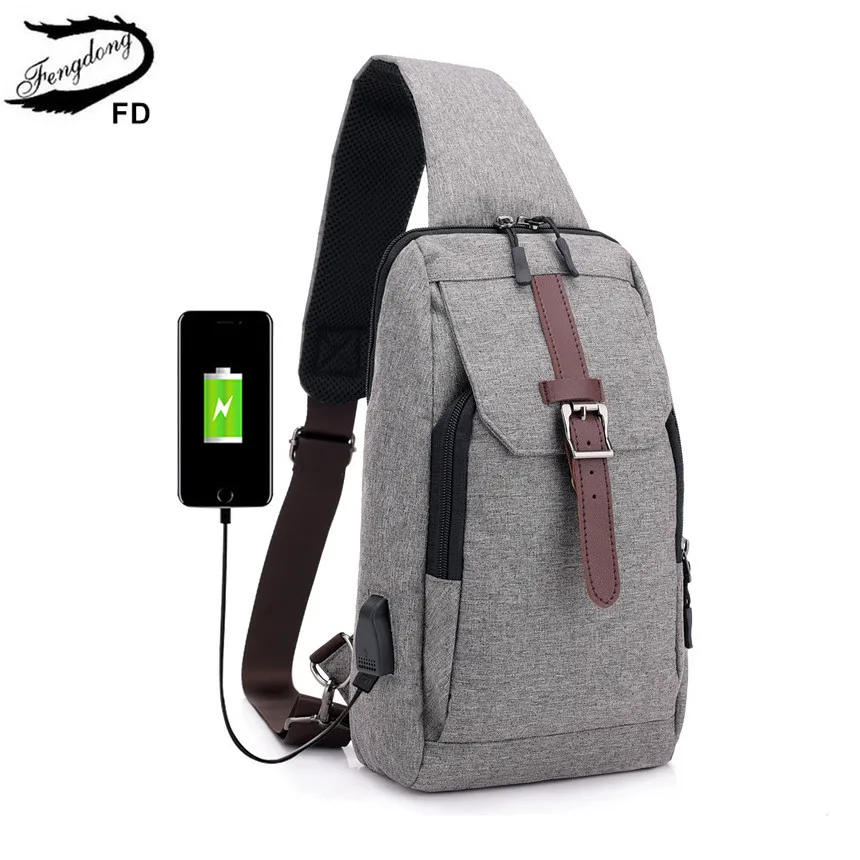 

FengDong boys small one shoulder usb charge bag men mini messenger bags male waterproof sling chest bag crossbody bags for men
