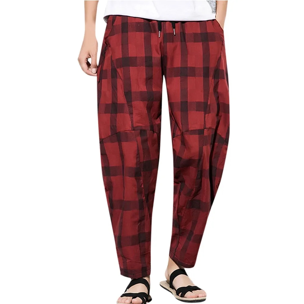

Feitong new Men's Pants Fashion Summer Casual Plaid Drawstring Cotton Linen Long Pants Clothes 2019 Male Trousers Streetwear