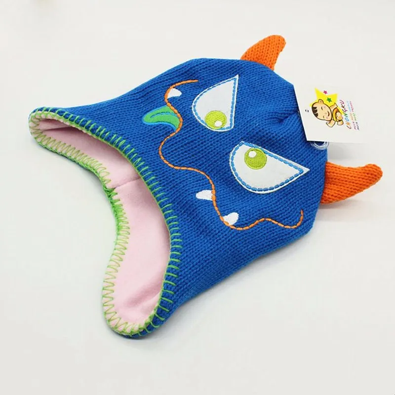 Kids Beanies Cute Cartoon Horn Caps Funny Face Embroidery Skullies Children Knit Wool Fleece Hats Boys Girls Winter Accessories (4)