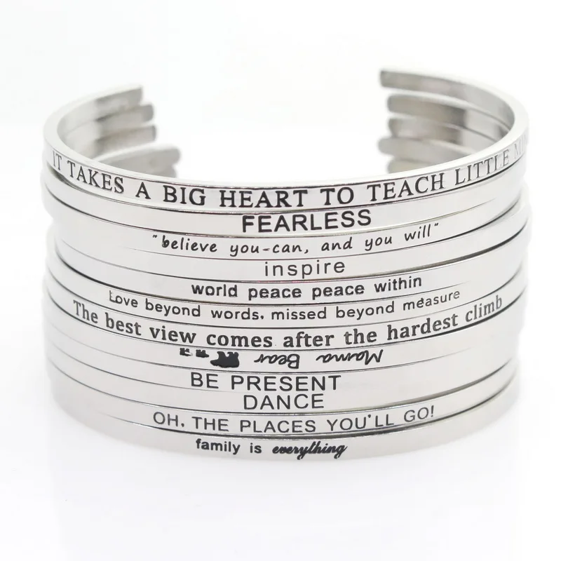 

Silver Stainless Steel 10pcs Random Bangle Engraved Positive Inspirational Quote Hand Stamped Cuff Mantra Bracelet For Men Women