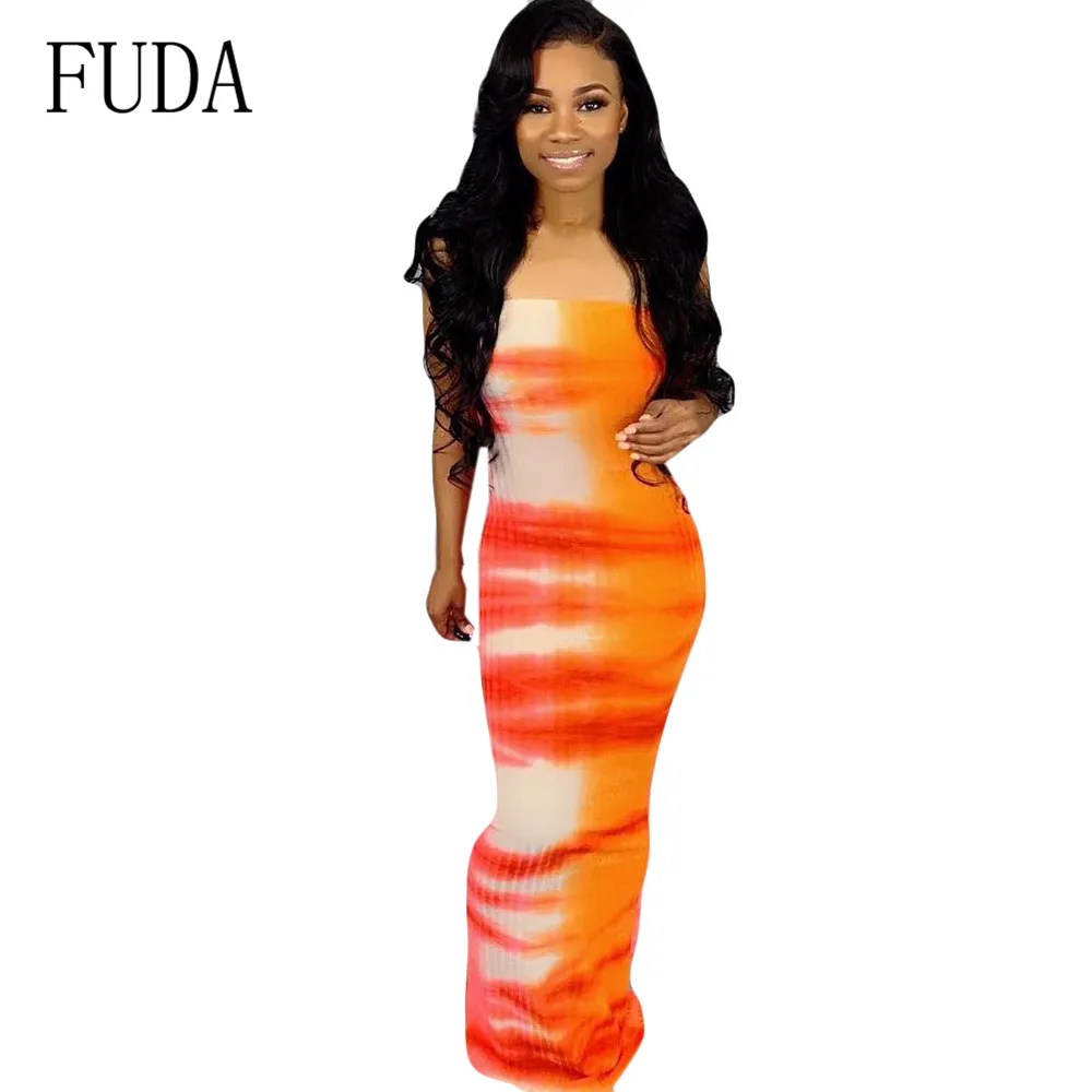 

FUDA Women Sexy Sleeveless Tube Top Dress Elegant Vintage Printed Strapless Dress Summer Hollow Out Ladies Party Bodycon Dresses
