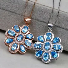 Природный Голубой топаз кулон S925 серебро Природный камень кулон Цепочки и ожерелья модный роскошный большой круглый круг женщин GRIL ювелирные изделия