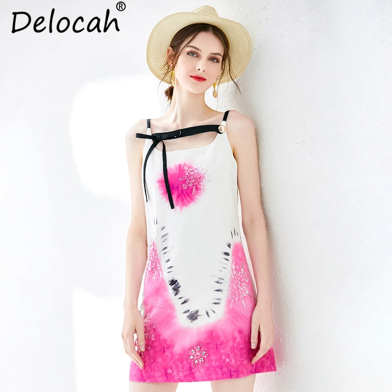 

Delocah Women Spring Summer Dress Runway Fashion Sexy Spaghetti Strap Crystal Bow Tie Elegant Vintage Ladies Vacation Dresses