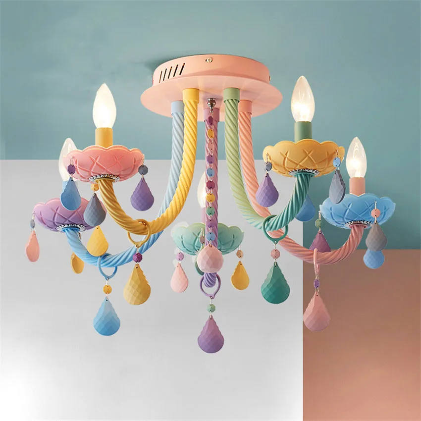 Современная красочная Хрустальная потолочная лампа Macaron, лампа для спальни, детская фантазия, потолочные светильники принцессы для девочек, для домашнего освещения