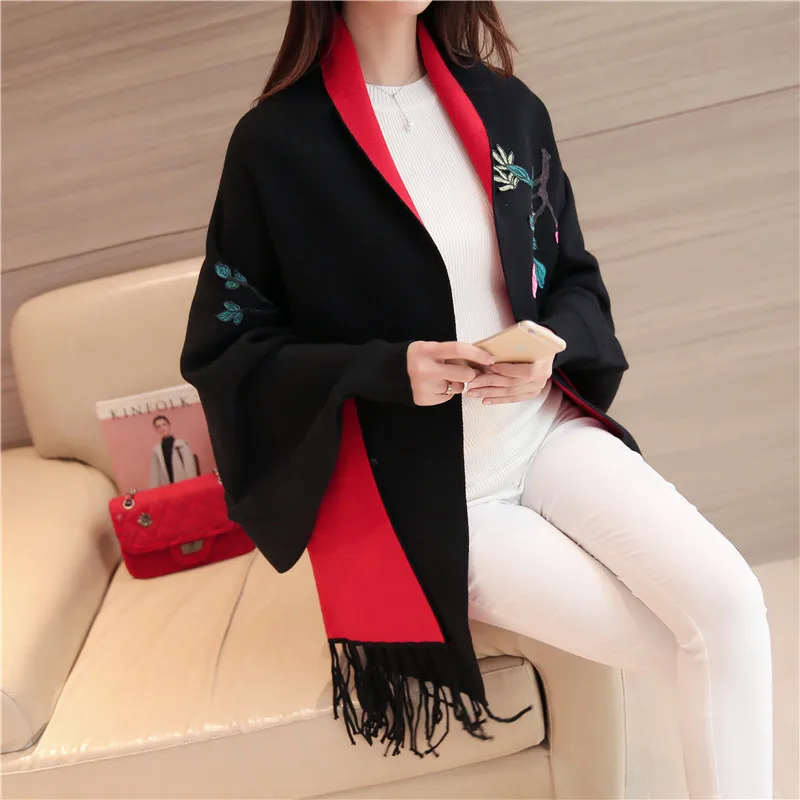 Высокое качество осенний женский элегантный кашемировый кардиган с вышивкой и кисточками, свитера с рукавами летучая мышь, шарф, накидка, верхняя одежда