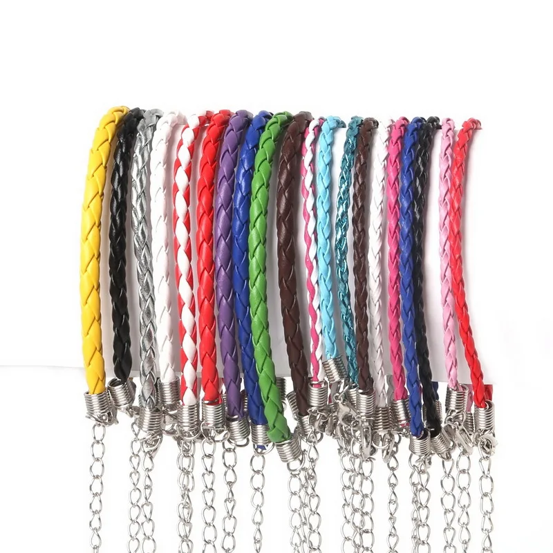 

3/4mm 10pcs Silver Plated Black PU Leather Adjustable Braided Rope Bracelets Necklaces Charms Findings Lobster Clasp String Cord