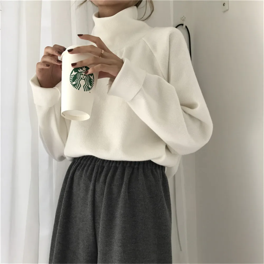 

2019 New Women Casual Loose Sweater Autumn Winter Turtleneck Knitted Jumpers Long Batwing Sleeve Crocheted Pullovers Streetwear