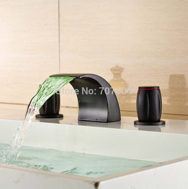 Luxury Deck Mounted Dual Handles Waterfall Bathroom Basin Vessel Sink Faucet with LED Color Changing