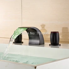 Luxury Deck Mounted Dual Handles Waterfall Bathroom Basin Vessel Sink Faucet with LED Color Changing