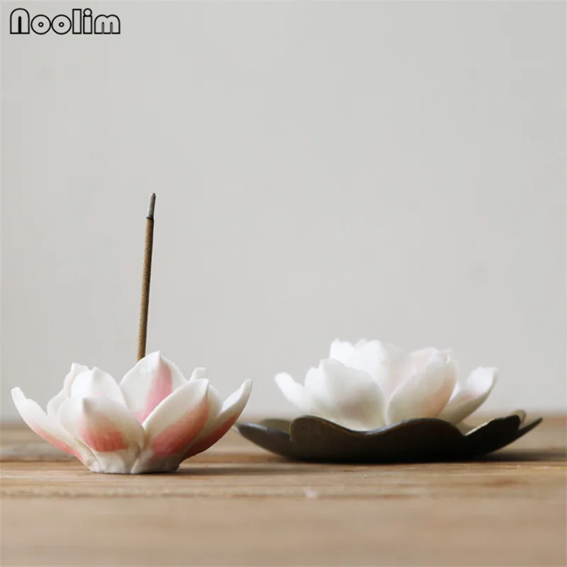 Ceramic Antique Lotus Incense Burner with Copper Incense Base Incense Stick Holder Aromatherapy Censer Home Teahouse Decor