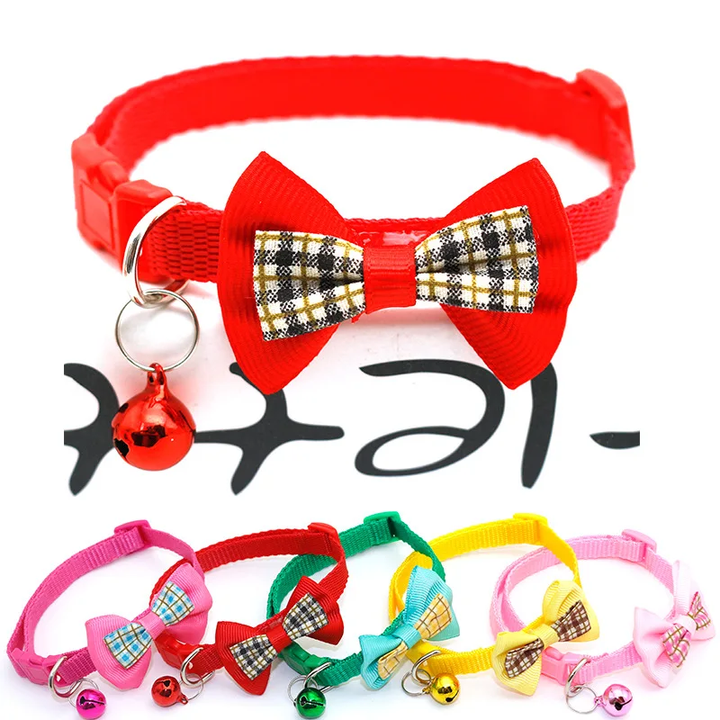

wholesale 100Pcs Adjustable Polyester Dog Collar Pet Cat Collar with Bowknot Bell Pendant Necklace Collar for Small Dog and Cat