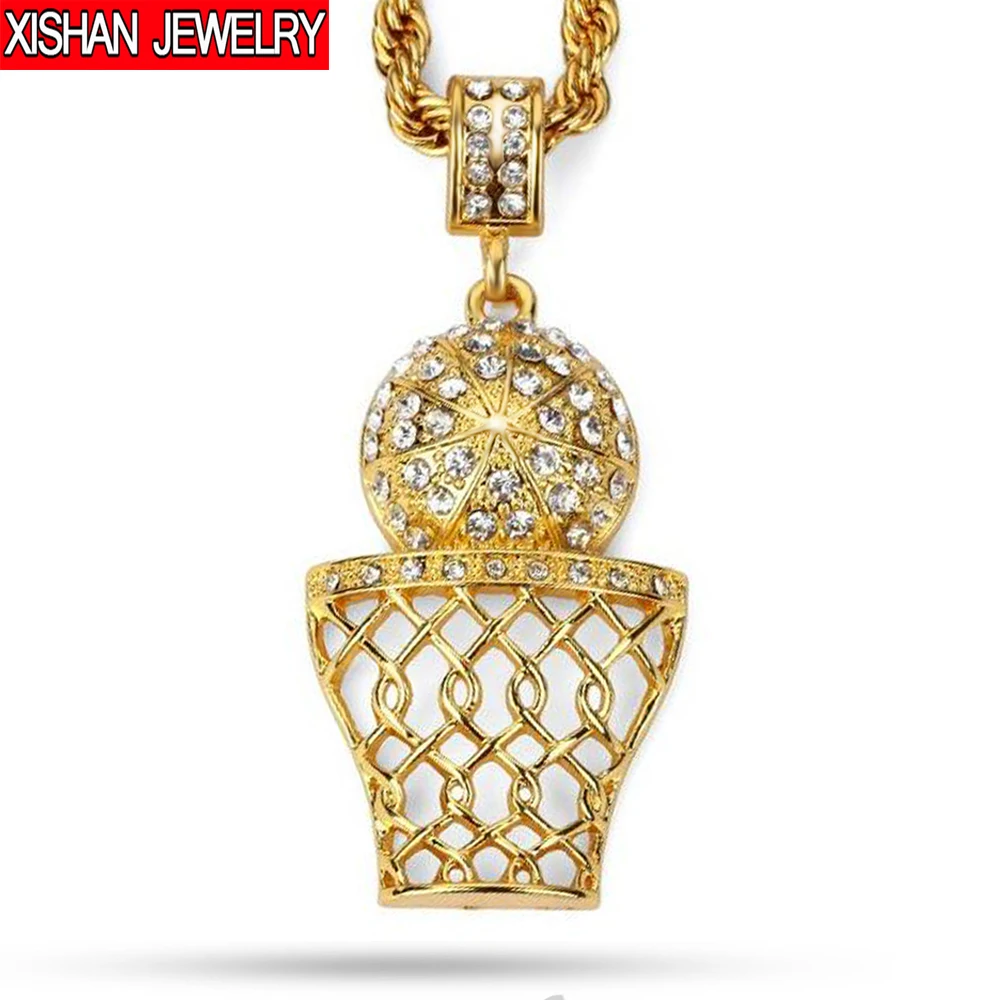 Men's Basketball Pendant Necklace Full rhinestone gold color stainless
