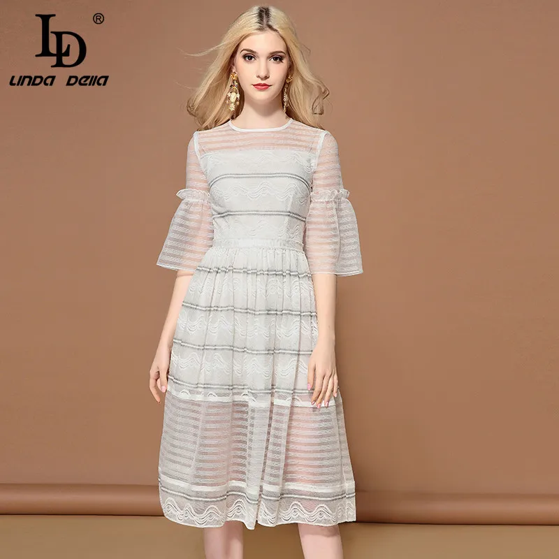 

LD LINDA DELLA 2019 Fashion Runway Elegant White Dress Women's Flare Sleeve Floral Lace Dress Casual Midi Summer Dresses Female