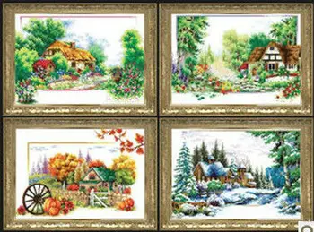 

Embroidery Package Free shipping Cross Stitch Kits 4 Pieces Spring Summer Fall Winter Scenery Flower Tree Cabin