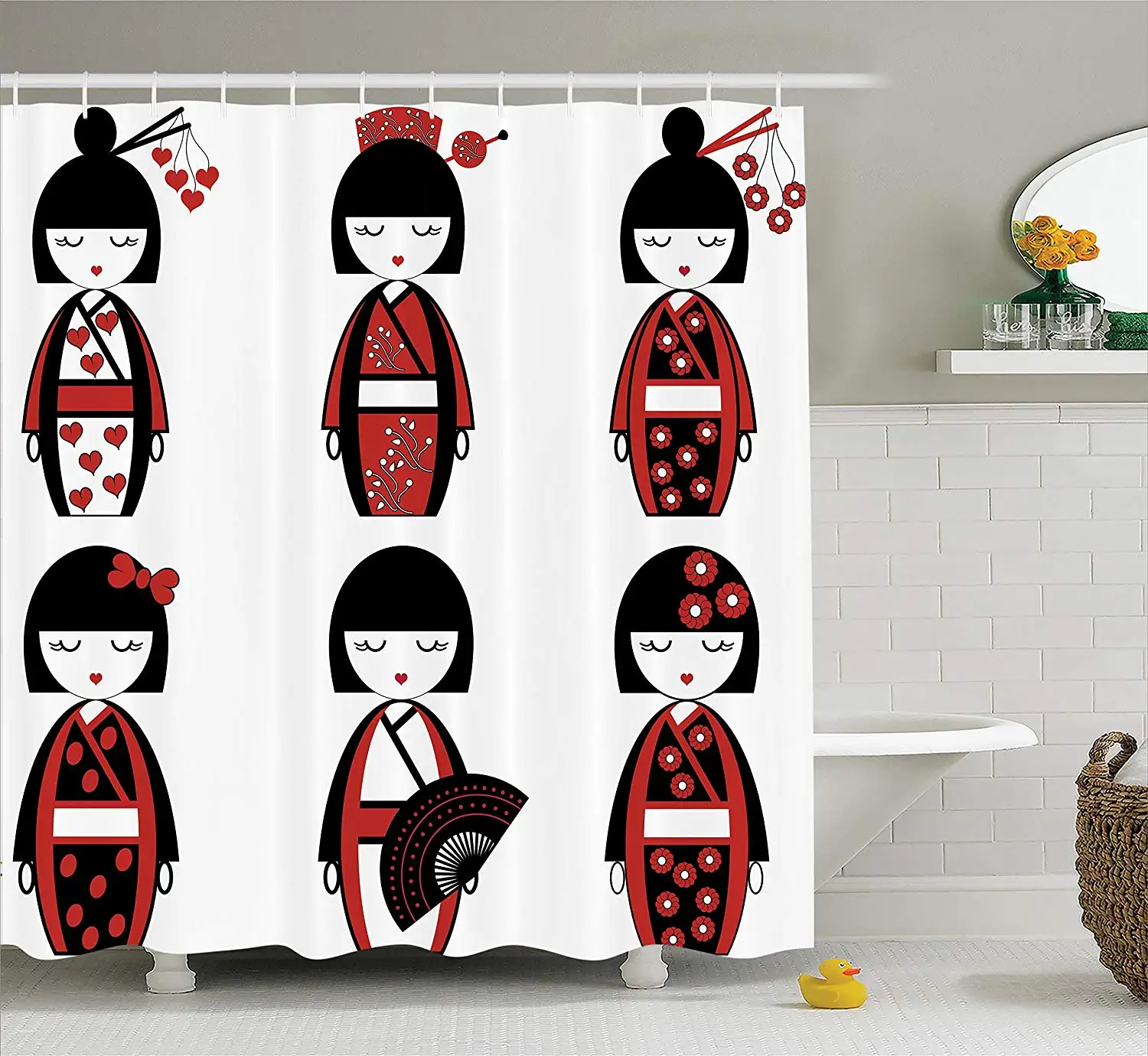 

Girly Decor Shower Curtain Set Geisha Dolls in Folkloric Costumes Outfits and Hair Sticks Kimono Art Image Bathroom Accessories