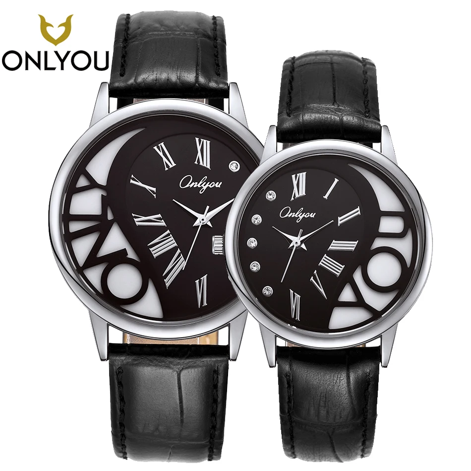 

ONLYOU Lover Watch Creative Diamond Heart Shape Women Real Leather Strap Quartz Wristwatch Couple Gift Men Clock Black Top Bran