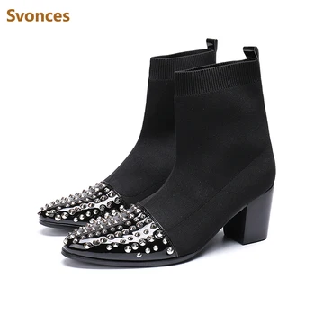 

Fashion Wool Stretch Fabric Black Mens Boots Luxury Silver Rivets Solid Casual Shoes Men Slip-on Breathable WIth Heel Brand Boot