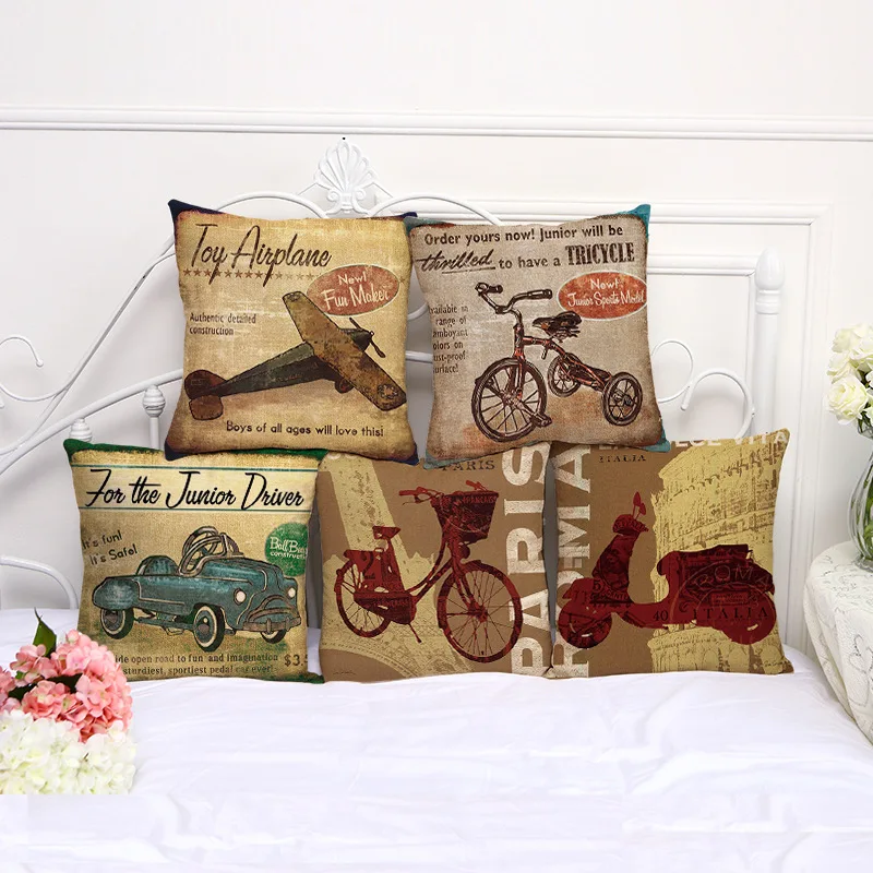 Image Decorative Pillow Case Vintage bicycle Transportation Pillowcase 17.5 Inches Cotton Linen Chair Seat Throw Pillow Cover T1010