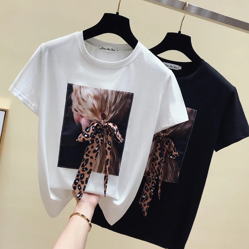 

gkfnmt Korea White T shirt Women Clothes O-Neck Summer Short Sleeve Appliques Vintage TShirt Tops Casual Black Tee Shirt Femme