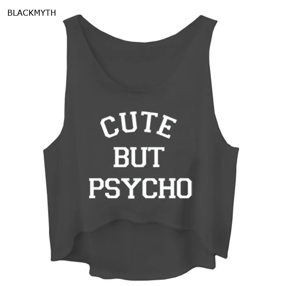 

BLACKMYTH Ladies Summer BUT PSYCHO Printed Letter Street Woman Short Tanks Crop Tops Sleeveless Round Neck Fashion Black White