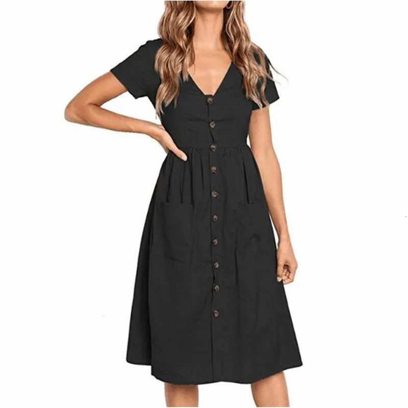 Baratos Mujeres Nuevo 2020 Casual verano manga corta Vestidos sueltos cuello en V Rosa negro medio pantorrilla vestido femenino bolsillos botón vestido Vestidos