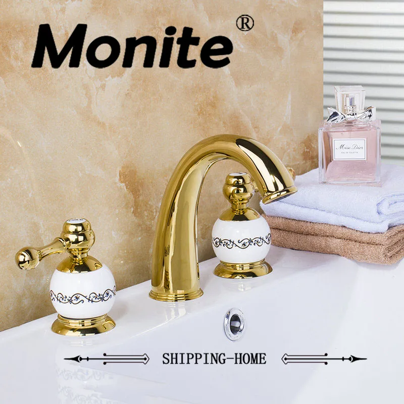 

3PCS Set Bathtub Golden Plated Bathroom Faucet set European Split Basin Mixer Tap ceramic Faucet Body Two Handles