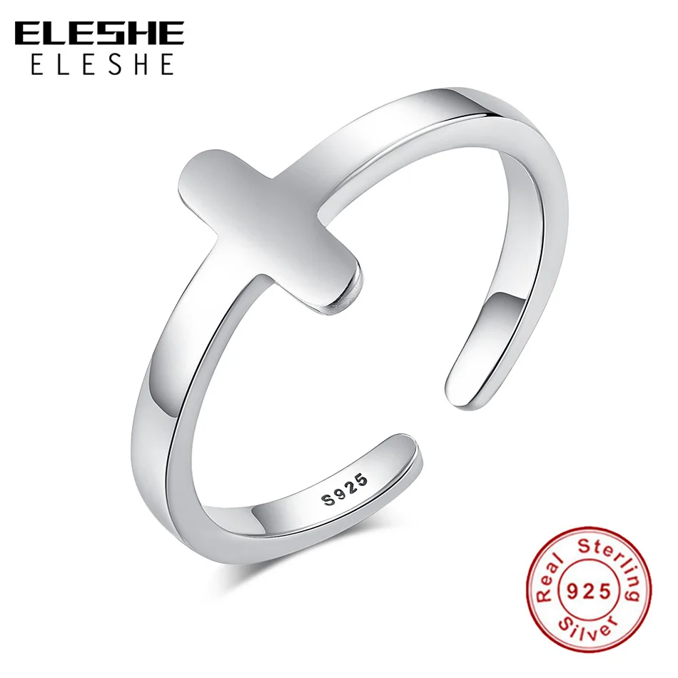 ELESHE Genuine 100% 925 Sterling Silver Faith Christian Cross Rings Wedding Simple Design Open Finger Rings For Women Jewelry