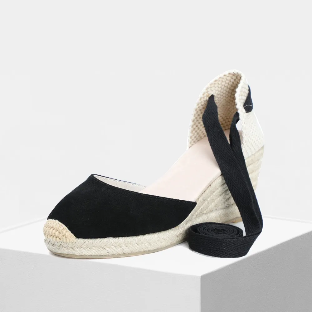 

2019 spring women 70mm wedge espadrilles, genuine leather spring summer D'Orsay black and sand color