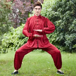 Винтаж бордовый китайский Для мужчин кунг-фу форма хлопок тай-чи Ву Шу костюм с длинным рукавом Костюмы Размеры м до XXXL NS015