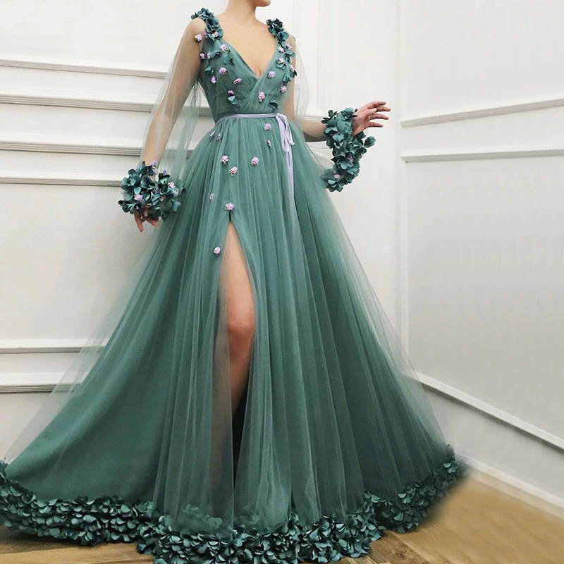 

Custom Made Long Abendkleider V Neck Green Evening Dresses 2019 with 3D Flowers Robe Soiree Grande Taille 2018